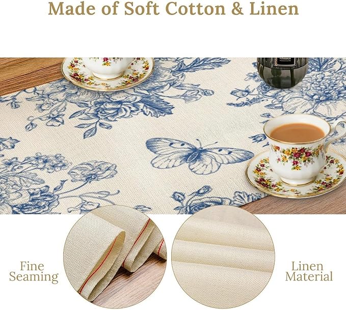 Monochrome Sketch Flowers Table Runner, Seasonal Spring Fall Plants Blue Florals Butterfly Dinner Runner for Home Kitchen Dining Table Party Holiday Decoration 13"x108"