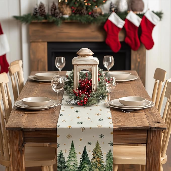 GEEORY Christmas Table Runner 13x36 Inch, Xmas Tees Snowflakes Holiday Decorative Farmhouse Table Decoration for Kitchen Dinning, Indoor Outdoor Dinner Party Decor (Light Green) GT166-36