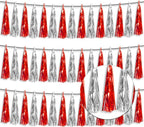 3P Metallic Fringe Tassel Banner Garland Foil Tinsel Streamer Wall Hanging Curtain Backdrop Banner for Parade Floats,Halloween Decorations, Christmas Day, Wedding Party Decoration(Red Silver)