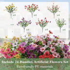 Artificial Flowers for Outdoors 24 Bundles, UV Resistant Colorful Fake Silk Flower Outdoor Planter Garden Decor Indoor Decorations