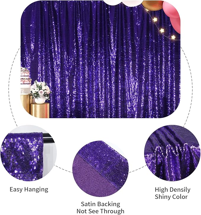 SquarePie Sequin Backdrop Less Transparent Background Sparkly Curtain for Wedding Halloween Party 10FT x 10FT Purple