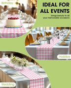 Pureegg Gingham Plastic Table Runners - 10 Pack, 14'' x 108'', Water Resistant & Disposable Plaid Centerpiece Decorations for Table Cloth, Birthday, Holiday, Party, Pink and White Checkered Home Decor