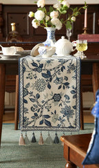 Decorative Linen Table Runner 87 Inches Long,Chinoiserie Blue Floral Cloth Runner for Coffee Table Decor Tabletop Table Runners for Kitchen,Dining,Party,Home,Christmas,12"*87"