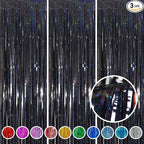 Foil Fringe Curtains Halloween Decor Indoor Party Decorations - Melsan 3 Pack 3.2 x 8.2 ft Black Tinsel Curtain Photo Backdrop for Birthday Decorations Retirement Party Decorations Black