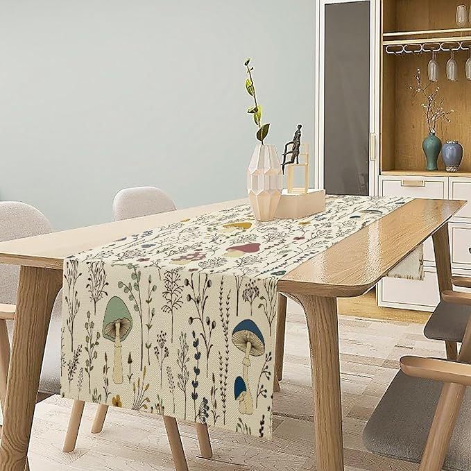Mushroom Table Runner,Colorful Wild Plants and Fungus Botanical Plants Pattern Print Burlap for Hotel Indoors Outdoor Dining Room Kitchen Holiday Party, 13x60in