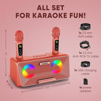 MASINGO Karaoke Machine for Adults and Kids with 2 Wireless Microphones, Portable Bluetooth Singing Speaker, Colorful LED Lights, PA System, Lyrics Display Phone Holder, and TV Cable. Presto G2 Pink