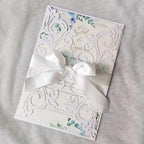 25PCS Pearl White Laser Cut Wedding Invitations Cards with Envelopes,Blank Inner Sheets,Ribbons for Wedding Bridal Shower Quinceañera Engagement Birthday Invites (B001)