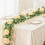 Dolicer 2Pcs 13Ft Artificial Eucalyptus Garlands with Flowers - 8 Roses, Faux Floral Greenery Garlands Fake Flowers Vines for Wedding Table Centerpieces Arch Party Ceremony Backdrop Decor (Champagne)