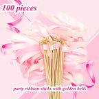 60 Pieces Wedding Colorful Ribbon with Bells, Party Ribbons Streamers Sticks Magic Wish Fairy Wand for Wedding Party Holiday Activities Favors (Pink-100)