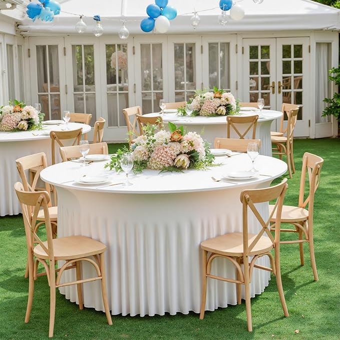 2 Pack Ivory Spandex Round Tablecloths for 60 inch Tables, Wrinkle Free Stretchy Fitted 120inch Round Table Covers 5FT with Ruffle Table Skirt for Wedding Party Dining Banquet Dinning