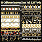 18 Rolls Christmas Washi Tape Holiday Masking Tape Black Christmas Wrapping Tape Glod Silver Foil Decorative Tape for Christmas Scrapbook Journal DIY Craft Gift Wrapping（Xmas Black