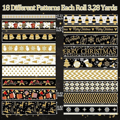 18 Rolls Christmas Washi Tape Holiday Masking Tape Black Christmas Wrapping Tape Glod Silver Foil Decorative Tape for Christmas Scrapbook Journal DIY Craft Gift Wrapping（Xmas Black