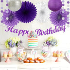 Purple and Silver Party Decorations-21PCS Happy Banner,Paper Lanterns Streamers,Tissue Pom Poms Honeycomb Flower Fan, Baby Bridal Shower Wedding Retirement Bachelorette Hanging Supplies Decor