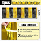 3 Pack 29x108 Inch Black Gold Foil Fringe Table Skirts Metallic Banner for Tinsel Streamer Garland Backdrop for Parade Floats Wedding Thanksgiving Birthday Christmas Halloween Party Decoration