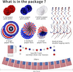 26Pcs 4th of July Decorations Patriotic Decor USA Flag String Red White Blue Paper Fans Star Streamer Pom Poms Hanging Swirls for Memorial Day,Fourth of July,Armed Forces Day,Flag Day
