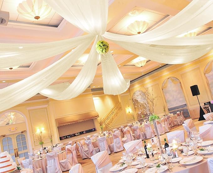 Ivory Ceiling Drapes for Wedding - 5ft x 15ft Sheer Curtain with Romantic Decorations for Party Banquet Ceremony Stage
