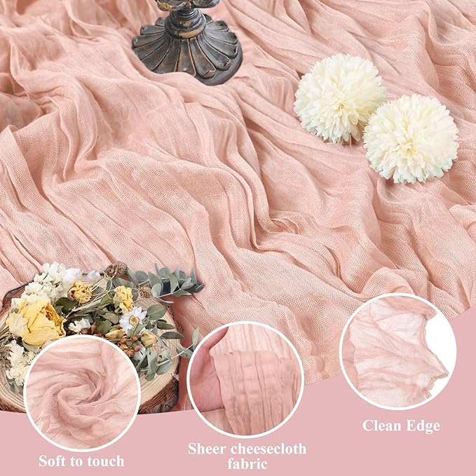 Asee'm Cheesecloth Table Runner 120 Inches Dusty Pink Boho Gauze Cheese Cloth Runner 10FT Rustic Sheer Fall Table Runners for Thanksgiving Wedding Baby Shower Holiday Party Decoration
