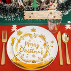 Supernal 150pcs Christmas Plates, Christmas Plastic Dinnerware include Gold Plastic Plates,Gold Plastic Silverware,Gold Plastic Cups, Christmas Party Plates for 25 Guests
