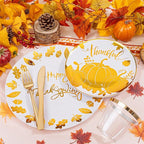 Festiva 176Pcs Thanksgiving Plastic Plates - Heavy Duty Thanksgiving Plates - Thanksgiving Disposable Dinnerware Set include 50 Plates,75 Silverware, 25 Cups, 25 Pumpkins Napkins, 1Tablecloth