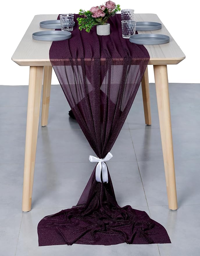 MDS Halloween Chiffon Table Runner - 5 Pack, 29 x 170 Inches, 14ft Each - Sheer Spooky Table Runners for Haunted House Parties, Trick-or-Treat Tables, Witchy Décor, Wedding & Events - Eggplant