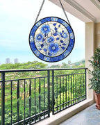 Stained Glass Window Hanging, Blue and White Plum Blossom Sun Catcher for Door Home Decor Flowers Suncatcher Christmas Mother's Day Birthday Gifts for Women Men Mom and Nana 7.8 in