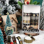 18 Rolls Christmas Washi Tape Holiday Masking Tape Black Christmas Wrapping Tape Glod Silver Foil Decorative Tape for Christmas Scrapbook Journal DIY Craft Gift Wrapping（Xmas Black