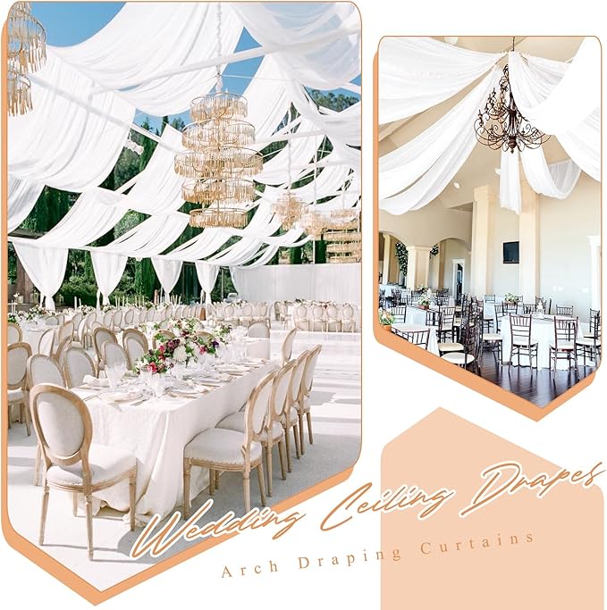 6 Panels White Ceiling Drapes for Wedding 5ftx40ft Sheer Drapery Chiffon Fabric Arch Draping Curtains for Party Ceremony Birthday Baby Shower Reception Stage Ceiling Decorations