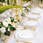 KIRE 175PCS Gold Plates Disposable - Heavy Duty White and Gold Plastic Plates Dinnerware Sets - 25 for Dinner 25 for Dessert 25 Pre Rolled Napkins and 25 Cups for Birthday/Thanksgiving Party/Wedding