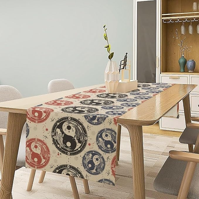 Yin Yang Table Runner, Vintage Mid Century Traditional Oriental Koi Fish Mystical Celestial Moon Stars Print Table Runner for Kitchen Dining Table Party Decor, 13x108inch
