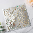 Hosmsua 50PCS Personalized Silver Glitter Laser Cut Wedding Invitation Cards With Envelopes 6.3 x 6.3 Inch Hollow Lace Rose Pocket and for Quinceanera Wedding Invite (Silver Glitter)