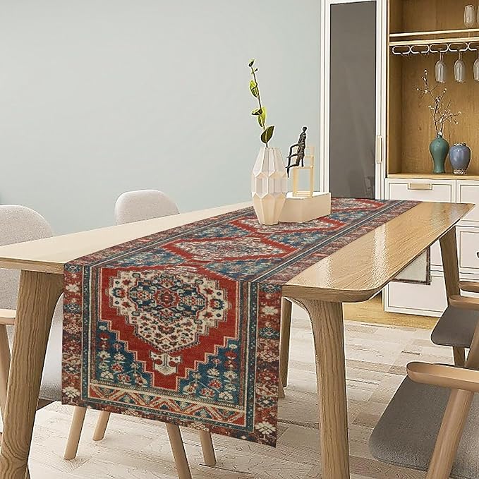 Boho Floral Vintage Table Runner, Red Blue Retro Flower Rustic Country Farmhouse Pattern for Home Kitchen Table Decor Dining Coffee Room Party Decor 13x120in