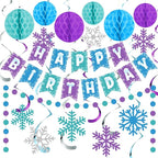 Funrous Snowflake Birthday Decorations Happy Birthday Banner Snowflake Hanging Swirls Honeycomb Balls Circle Dots Garland for Winter Princess Party Supplies