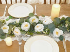 2 Pack 12Ft Artificial Eucalyptus Flower Garland with White Roses, Fake Flowers Greenery Garland Flower Vines for Wedding Party Mantle Table Runner Spring Summer Home Decor (2PCS,White