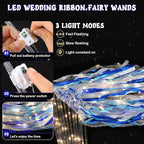 100 Pcs Wedding Wands Ribbon with 3 Colorful Flashing Modes, Light up LED Silk Fairy Wands, Glow Lace Stick with Bells for Wedding Reception, Graduation, New Year, Birthday Party (Blue)