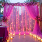 10×10ft Hot Pink Tulle Backdrop Curtain with Lights String for Parties, Sheer Photo Backdrop Curtains for Wedding Party Photography Background