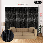 PartyWoo Black Streamers Tinsel Backdrop Curtain 3pcs 8.2ft Foil Fringe Curtain for Black History Month Juneteenth Gothic Wedding Retirement Halloween Cow Print Theme Party Celebration Decorations