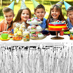 4 Pack 29x108 Inch Metallic Foil Fringe Tinsel Table Skirts for Rectangle Tables Streamer Curtains Backdrop for Wedding, Birthday, Parade Floats, Christmas, Halloween Party Decoration(Silver)