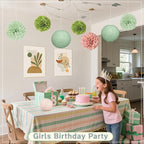 15Pcs Sage Green Party Decorations, Hanging Paper Lanterns Paper Fans Tissue Flower Pom Poms for Women Girls Birthday Wedding Bridal Baby Shower Green and Pink Party Decorations