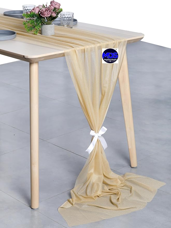MDS 2 Pack 14ft Chiffon Table Runner 29 x 170 Inches Sheer Wedding Runner Romantic Rustic Table Runner for Wedding Decorations, Birthday Parties, Bridal Shower Party Arch Decor - Champagne Gold