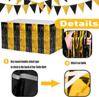 4 Pack 29x108 Inch Metallic Foil Fringe Tinsel Table Skirts for Rectangle Tables Streamer Backdrop for Wedding, Birthday, Parade Floats, Christmas, Halloween Party Decoration(Black Gold)