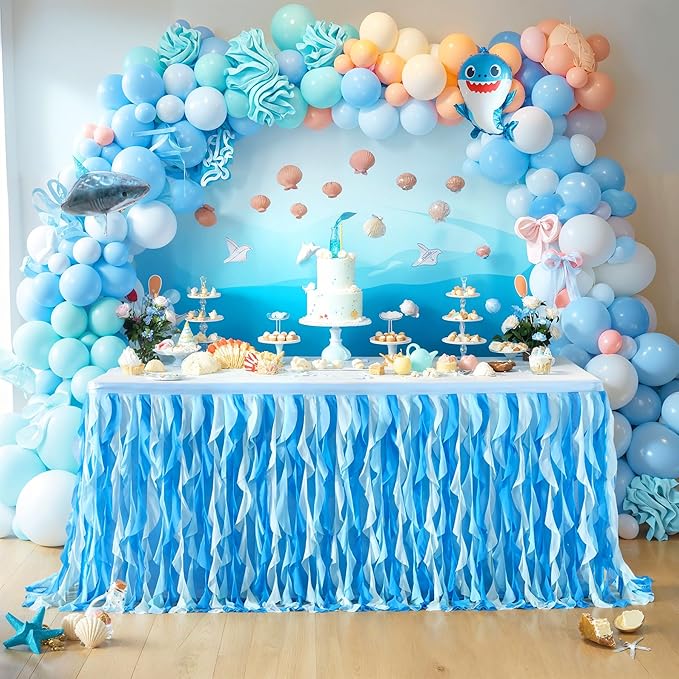 PARTISKY Ocean Blue Tulle Tutu Ruffle Curly Willow Table Skirt for Rectangle Table 6ft,Under The Sea Baby Shark Themed Table Cloth for Boys Girls Birthday Party or Baby Shower