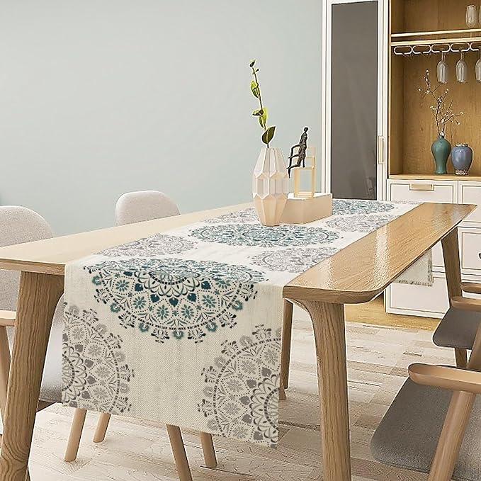 Boho Flower Table Runner, Bohemian Turquoise Mandala White Teal Floral Kitchen Dining Table Runners for Indoor Outdoor Home Party Holiday Decor, 13x36inch