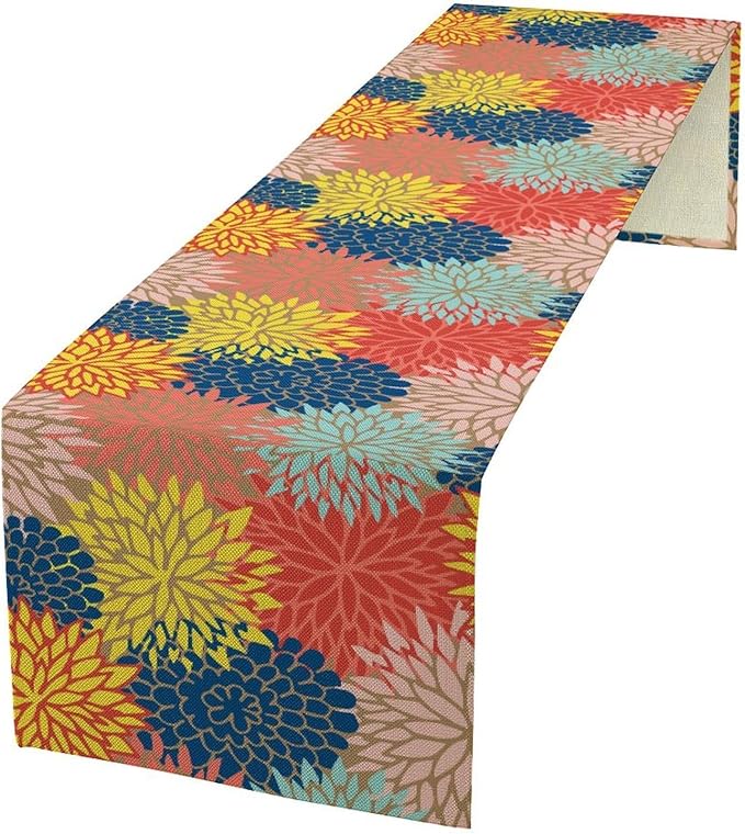 Dahlia Flowers Table Runner Colorful Floral Teal Grey Pink Yellow Blue Abstract Table Runner Kitchen Dining Party Decor Living Room, 13x120 Inch
