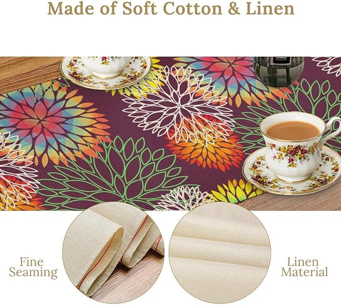 Brown Dahlia Flower Table Runner, Linen Geometric Pattern Floral Table Decor Spring Farmhouse Decorations for Kitchen Dining Holiday Party Decor, 13x90 Inch