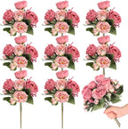 8 Bundles Artificial Peonies Flowers Boho Faux Flowers Arrangements Artificial Centerpiece Spring Bouquet Floral Wedding Decoration for Vase(Dark Pink)