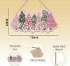CGBHW Pink and Green Christmas Tree Wooden Sign, Merry Christmas Decoration Hanging Sign Wall Decor, Pink Christmas Holidays Theme for Home Office Girls College Dorm Door Decor 12 x 6 Inch