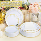 200PCS Gold Plastic Plates Set, 100 10.25 inch Dinner Plate and 100 7.5 inch Dessert Plates, Premium Disposable Plates for Party, Wedding