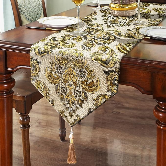 Vintage Table Runner European Royal Precision Embroidered Jacquard Luxury Thick Chenille Beige 13x98