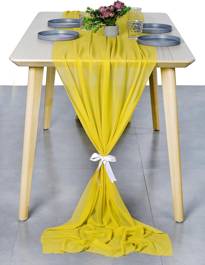 MDS 2 Pack 14ft Chiffon Table Runner 29 x 170 Inches Sheer Wedding Runner Romantic Rustic Table Runner for Wedding Decorations, Birthday Parties, Bridal Shower Party Arch Decor - Yellow