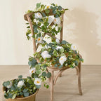 2 Pack 12Ft Artificial Eucalyptus Flower Garland with White Roses, Fake Flowers Greenery Garland Flower Vines for Wedding Party Mantle Table Runner Spring Summer Home Decor (2PCS,White